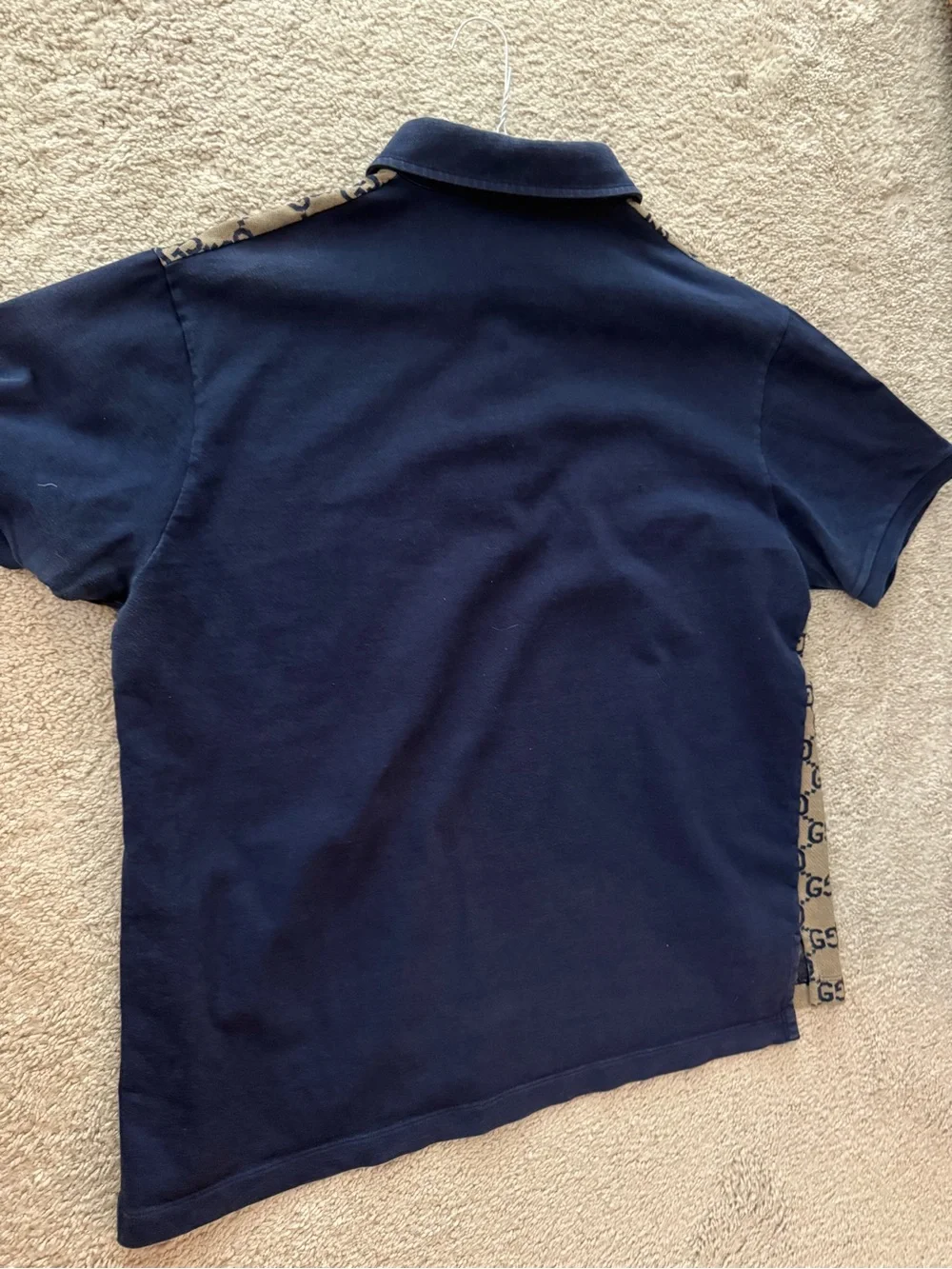 Gucci Beige GG Monogram Polo with Navy Collar & Sleeves